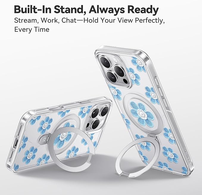 CASEKOO Floral Series Blue Flowers for iPhone 16 Pro Case with Magnetic Ring Stand [Compatible with MagSafe] [Military-Grade Protection] Fashion Clear Back, Soft Edge, for Women