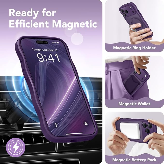 CAPRARO Magnetic for iPhone 17 Pro Max Case for Women Girls, Upgraded [Full Camera Protection] [Compatible with MagSafe] Cute Wave Translucent Matte Phone Case for iPhone 17 Pro Max, Deep Purple