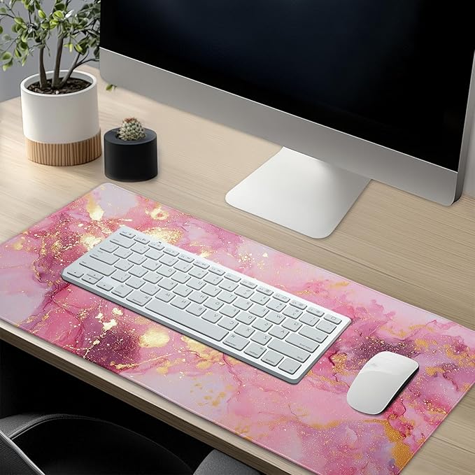 Gold Pink Marble Mouse Pad Extended Large 35.4x15.7in Coquette Kawaii Desk Mat Preppy Trendy Computer Mousepad XL Non-Slip Rubber Base Stitched Edge Rose Gold Mousepad PC Desk Pad for Work Desktop