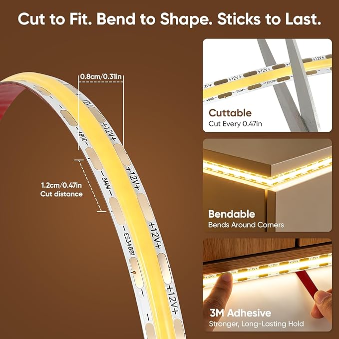 V4light COB LED Strip Light, Cool White (5000K), 12V Tape Light, CRI 95+, 3W/FT High Density, Dotless, Cuttable, UL Listed, Gold-Plated PCB for Bedroom, Kitchen, Cabinets (No Power Supply)