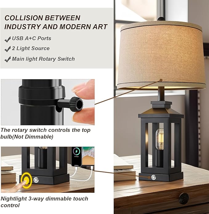 G-SAFAVA 23.75" Retro Farmhouse Black Table Lamp for Living Room Bedroom Nightstand Single Pack Touch Control Bedside Nightlight Vintage Modern Lamp with USB C+A Ports and 2 Light Sources