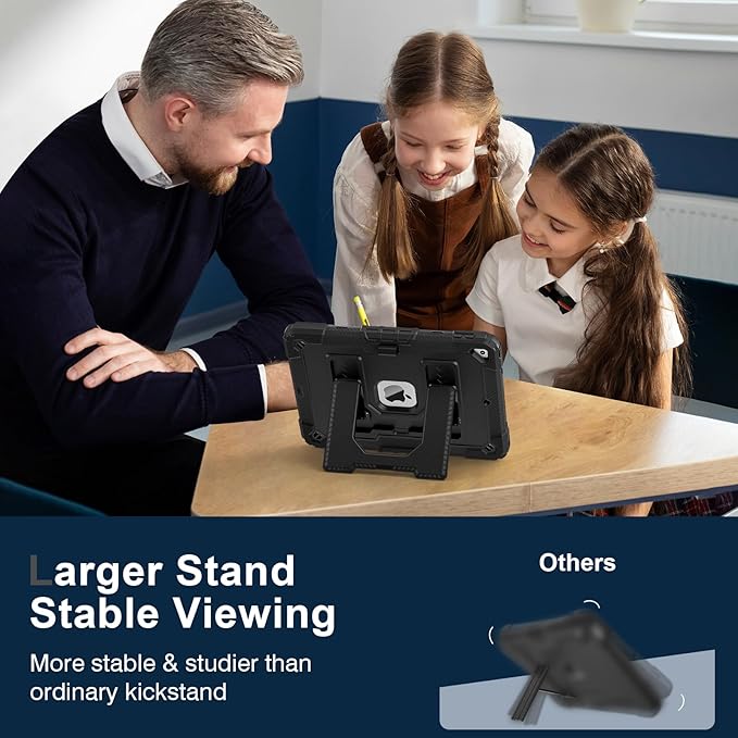 Kids Friendly Case for Apple iPad 10.2" 9th 8th 7th Generation 2021/2020/2019 Case with Pencil Holder & Shoulder Strap, Military Grade Shockproof Kickstand Hard Shell Protective Cover,Black