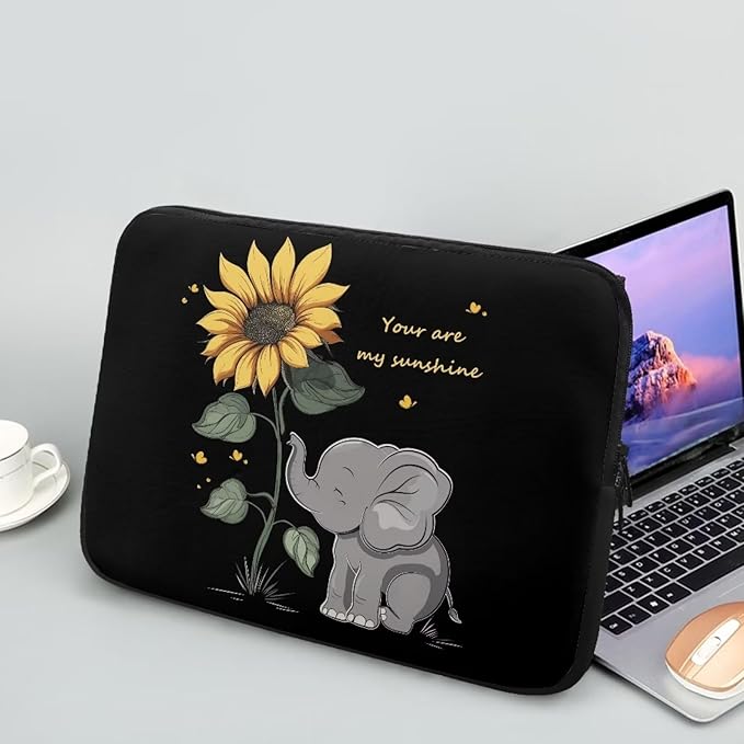 Sunflower Elephant Laptop Sleeve Case for Kids 15 Inch Laptop Protector with Multiple Uses Lightweight Computer Sleeve Tablet Bag Laptop Carrying Case Gifts for Girls Black
