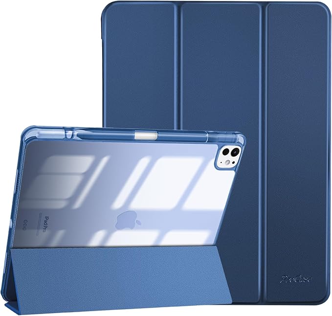 ProCase for iPad Pro 13 Inch Case M5 2025/ M4 2024 with Pencil Holder, Smart Cover iPad Pro M5 M4 Case 13 Inch, Slim Stand Transparent Hard Shell Back, Supports Touch ID, Auto Wake/Sleep -CobaltBlue