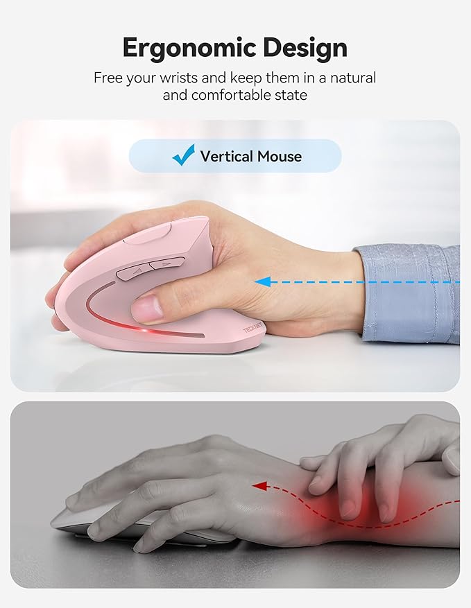 TECKNET Ergonomic Mouse, Rechargeable 2.4G+Bluetooth Vertical Mice 6 DPI Adjustable, Wireless Optical Carpal Tunnel Mouse Right Hand, Multi Device for Laptop, PC, Computer, MacBook, iPad - Pink