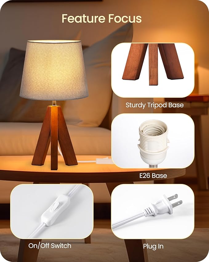 Tripod Table Lamp, 14.6" Small Bedside Lamp with Gray Linen Shade & Dark Wood Base, Modern Nightstand Lamp for Bedroom, Kids Room, Living Room, Nursery, Office, E26 Socket, LH51TL05