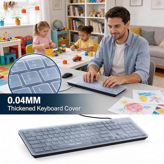 Wired Full Size Keyboard, 104 Keys Laser-Etched Non-Fade, 1.6m USB-A Cord, Spill-Resistant with Dust Cover, Ergonomic for Windows Mac PC Laptop, Office Home Business Programming