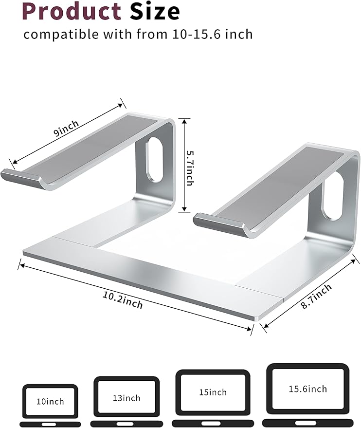ALASHI Laptop Stand for Desk, Aluminum Computer Riser, Ergonomic Notebook Holder, Detachable Metal Laptops Elevator, PC Cooling Mount Support 10 to 15.6 Inches Notebook, Silver