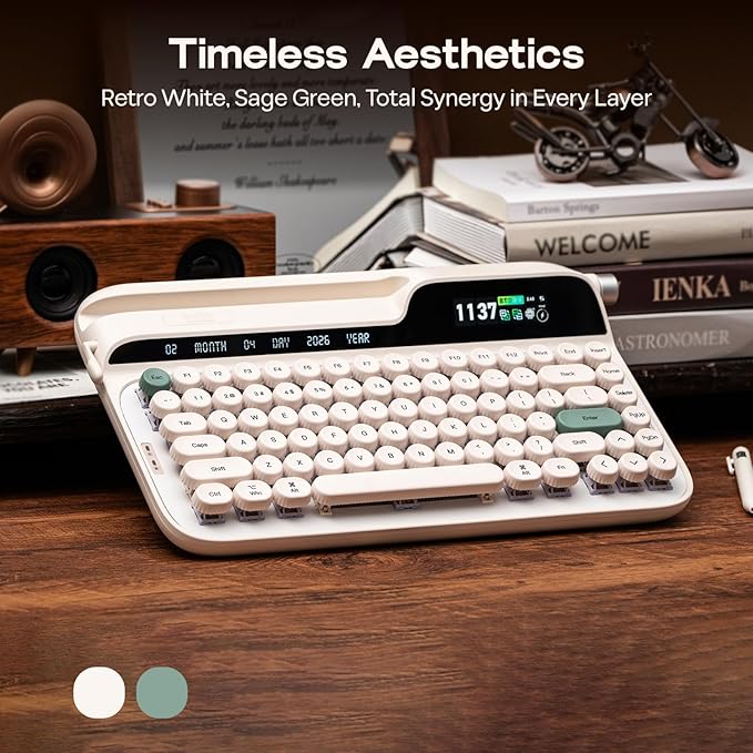 EPOMAKER Glyph Wireless Typewriter Retro Mechanical Keyboard, Screen & Knob & Lever, Wrist Rest, Round PBT Keycap, Hot Swap, RGB, Custom Software, Top-Mount, 75% Creamy Keyboard for PC/MAC