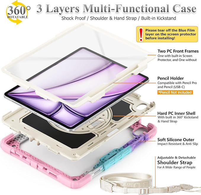 SEYMAC stock Case for iPad Air 13-inch M4-M2 2026-2024 (Gen 8-6), Shockproof Heavy Duty Case with Screen Protector, Pencil Holder, Rotating Stand, Hand Strap, Shoulder Strap, Pink