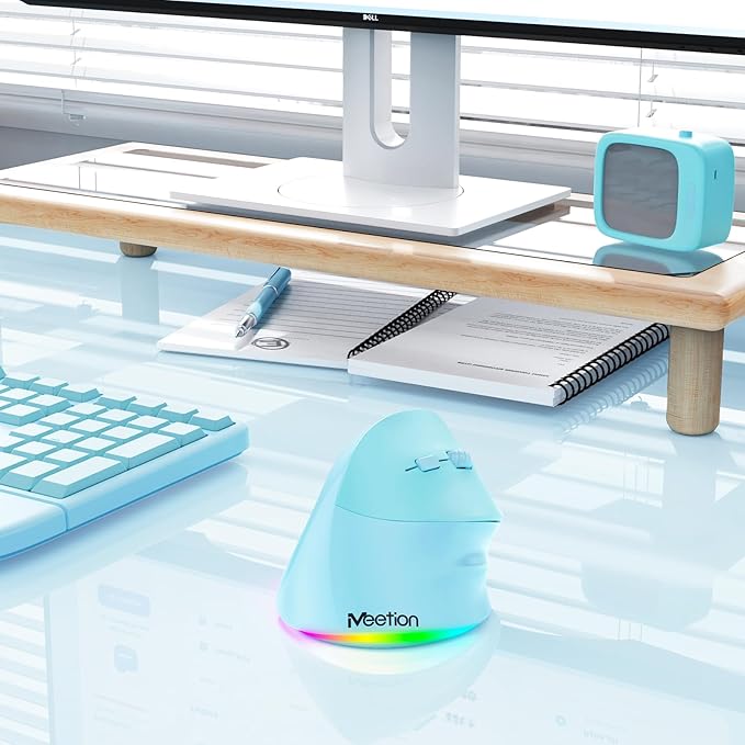 MEETION Ergonomic Mouse, Wireless Vertical Mouse RGB Backlit Rechargeable Mice for Bluetooth(5.2 + 3.0) & USB-A with Type-c Adapter 4 Adjustable DPI Mac/Windows/Andriod/PC/Tablet/iPad Blue