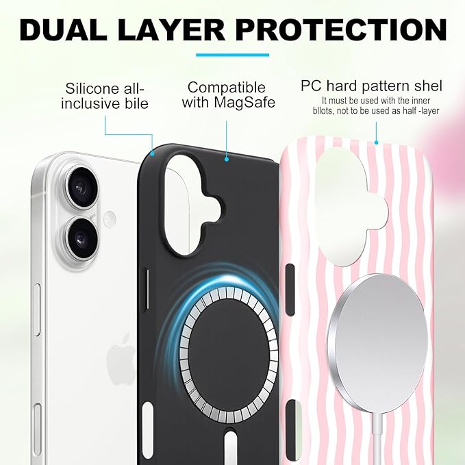 Magnetic for iPhone 16 Case Cute Wavy Stripes Phone Case, Shockproof Slim TPU and Hard PC Protective Phone Cover Compatible with MagSafe Designed for Women Girls, Pink