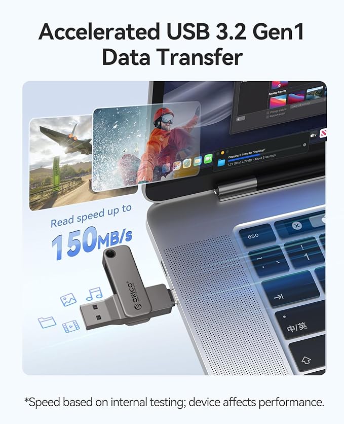 ORICO 128GB Dual USB-C USB-A Flash Drive 150MB/s High Speed USB 3.0 Memory Stick, Zinc Alloy Rotating Design, Compatible with iPhone 15/16/17, Android, Mac, PC, Car Audio – Plug & Play
