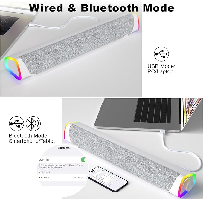 SOULION R30 Plus Bluetooth Computer Speakers, All-in-One Control Button with 6 Modes LED Lights PC Speaker, Wired USB Powered Surround Soundbar for Desktop Monitor Laptop White