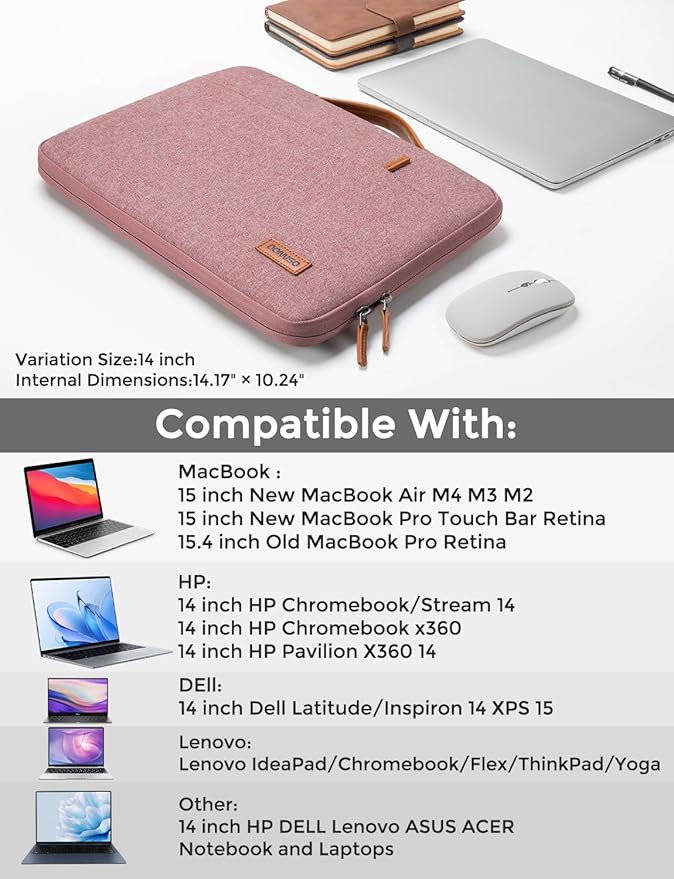 DOMISO 14 inch Laptop Case Sleeve Protective Cover Compatible with 15 inch MacBook Air M4 M3 M2,MacBook Pro,14-15 inch HP Dell ASUS Lenovo Chromebook,Waterproof Computer Cases Bag with Handle,Pink
