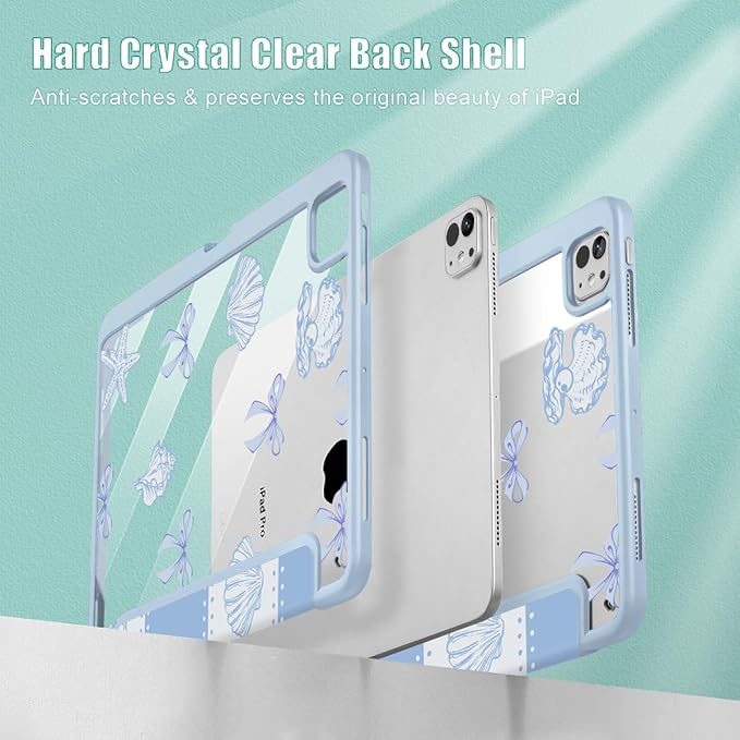 May Chen Case for iPad Pro 11-Inch M5/M4 2025/2024 (6th/5th Generation), [Penceil Holder] Trifold Stand Auto Wake/Sleep Clear TPU Protection Back Cover, Blue Checkered