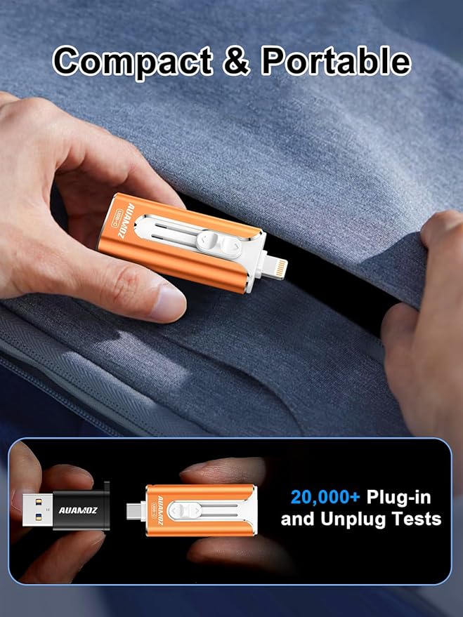 256GB Mini Dual Interface Flash Drive, Portable Memory Stick Compatible with iPhone 17/16/15/14/13/12/11, iPad, Android & PC, Easy to Save Photos, Videos & Files (1 Pack-Cosmic Orange)
