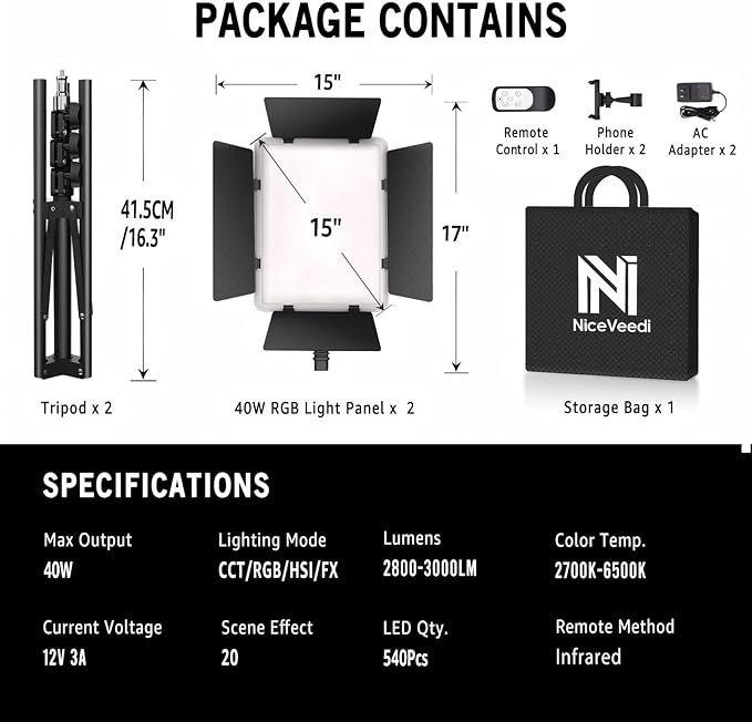 NiceVeedi 2-Pack RGB Photography Lighting with 20 Effects, 40W/360° Full Color/2700-6500K Studio Lights with Remote & Display, Video Light for Video Recording/Photography/Streaming/YouTube/TikTok