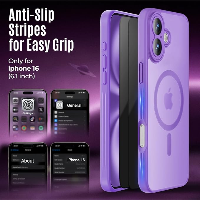 Symcele Designed for iPhone 16 Case, Compatible with MagSafe, with Privacy Screen Protectors X2, [Camera Protection] [15FT Military Drop Protection] Shockproof Phone Case, 6.1", Light Purple