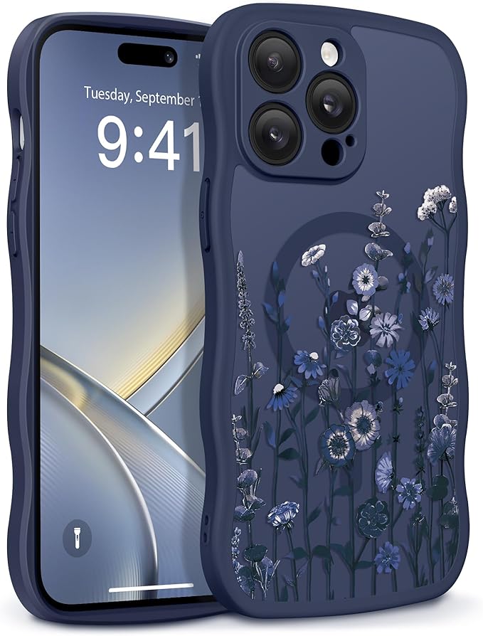 GVIEWIN for iPhone 14 Pro Case Compatible with MagSafe [Curly Wave Edge][Full Camera Protection] Floral Translucent Shockproof Magnetic Women Phone Case for 14 Pro, Floratopia/Blue