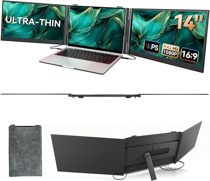 14" Triple Laptop Screen Extender, Ultra-Thin Lightweight FHD 1080P IPS Portable Monitor, Extended Dual Screen for Laptops 13-17.3" Compatible with Wins Mac Chrome Dex Phone Travel Work