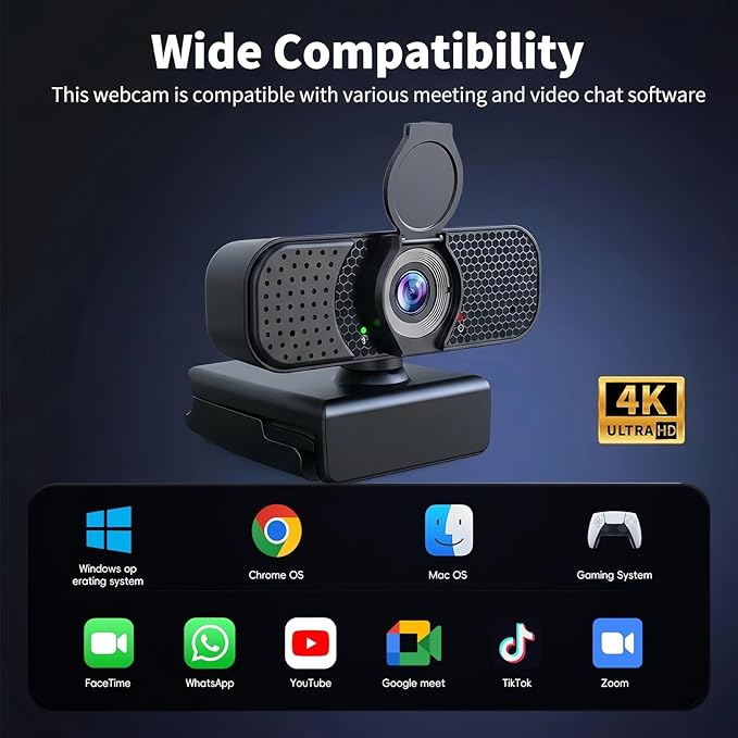 4K Webcam with Autofocus & Tripod, Camera for PC Laptop with Dual Microphone, USB Computer Camera with Low Light Correction, Auto White Balance, Video Camera for Streaming, Meetings, Office, Zoom