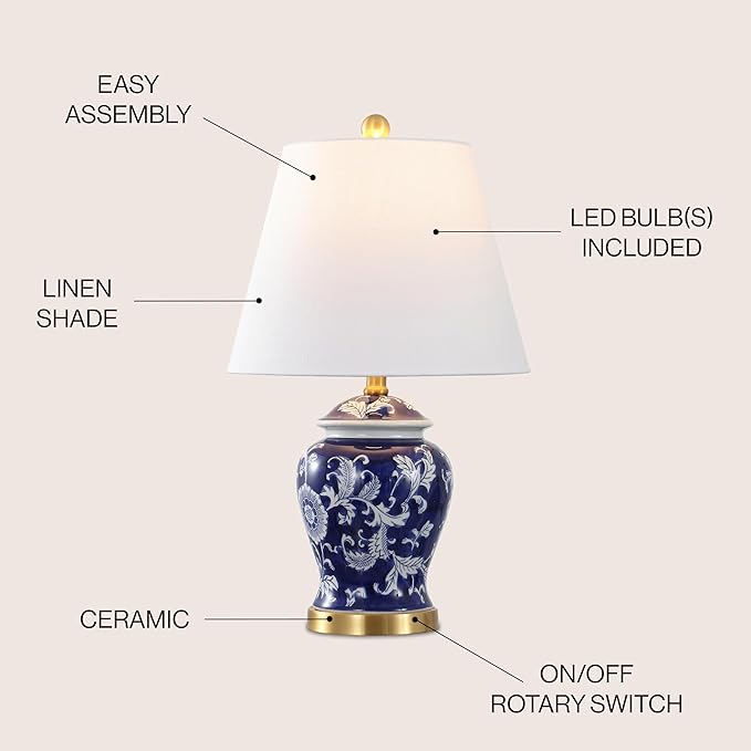 JONATHAN Y 22" Navy/White Ceramic Table Lamp, French Country Chinoiserie Ginger Jar LED Bedside Lamp for Living Room Bedroom, White Linen Shade (JYL3005D)