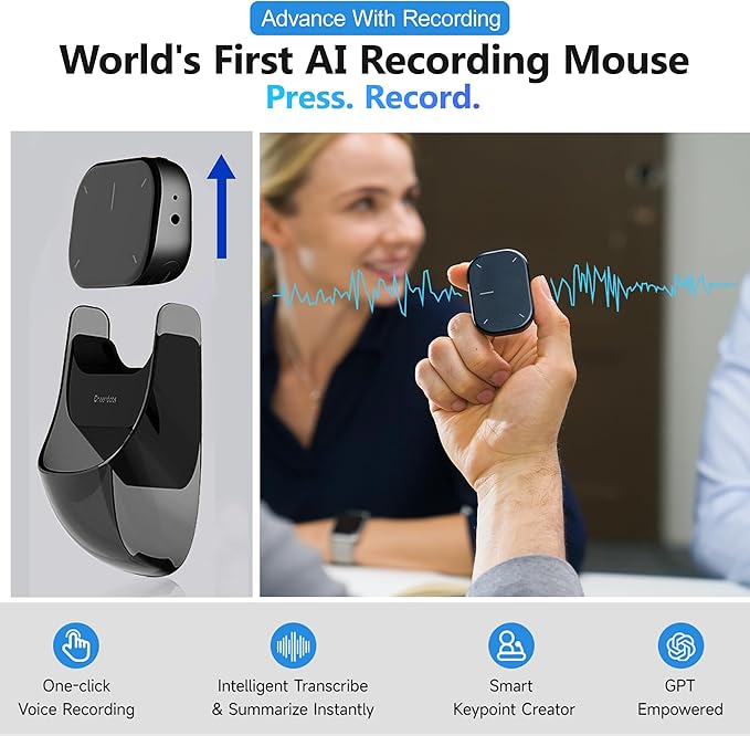 2026 Upgraded AI Voice Mouse - Wireless Air Mouse with AI Voice Assistant, 12 Languages Translation, Meeting Transcription & Summary - Detachable Computer Mouse, Presentation Clicker for Laptop