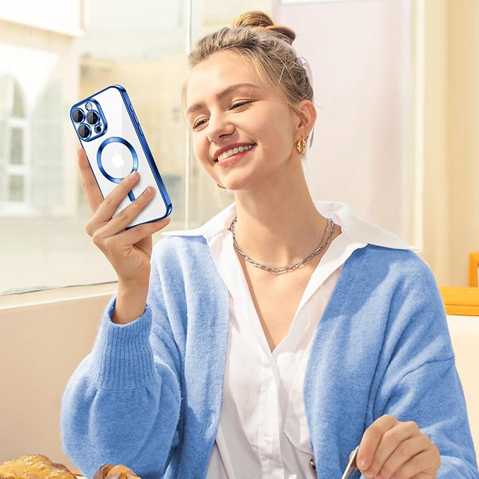 Hython Magnetic Clear for iPhone 15 Pro Case with Camera Lens Protector [Compatible with MagSafe] Luxury Plating Edge Slim Soft TPU Cover Protective Phone Case for iPhone 15 Pro 6.1", Deep Blue