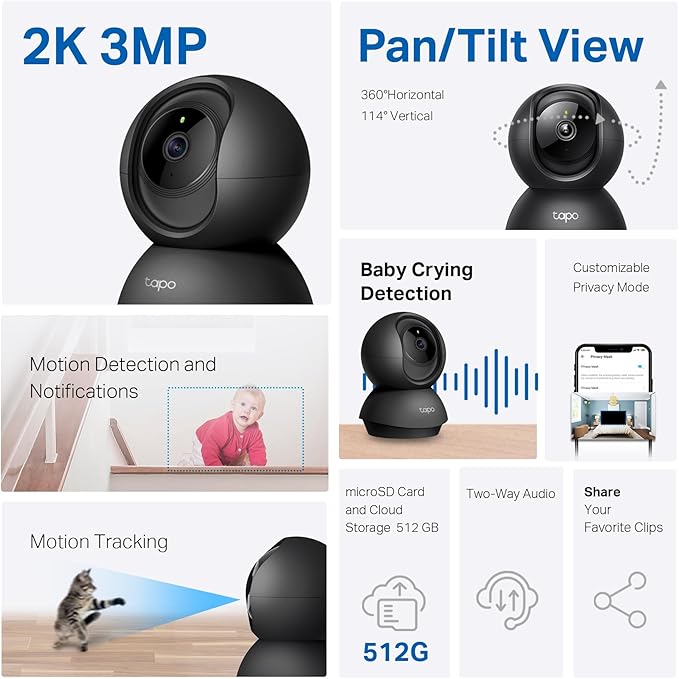 Tapo 2K Indoor Pan/Tilt Wired Security Camera - Works as a Baby Monitor & Pet Camera, Motion Detection, 2-Way Audio, Siren, Night Vision, No-Subscription Local Storage or Optional Cloud, C211 (2-Pack)