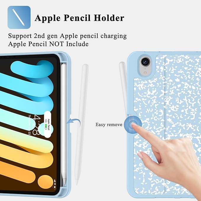 Supveco Case for iPad mini (A17 Pro) 2024 /iPad mini 6th Generation 2021 with Pencil Holder-[Auto Wake/Sleep],Slim Protective Case with Soft TPU Back Cover for iPad mini 8.3 Inch 2024/2021-Ice Blue