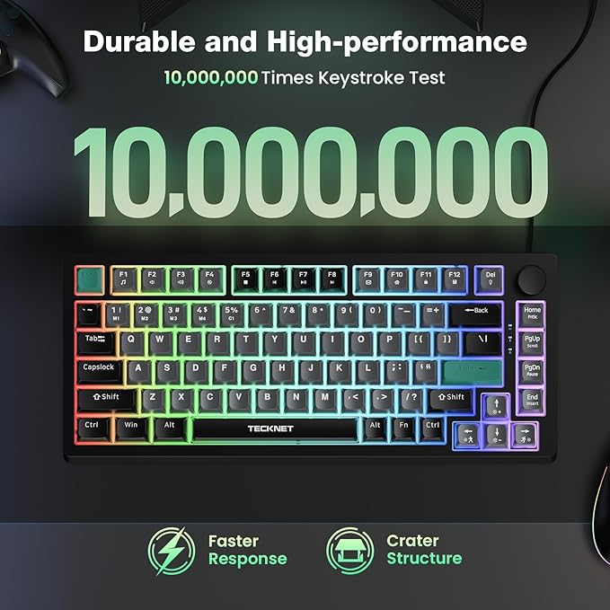 TECKNET Gaming Keyboard, 75% Wired Keyboard, RGB Backlit, 82-Keys with Volume Knob Control, 26 Keys Anti-ghosting, Whisper Quiet Gaming Switch Travel Friendly for Windows Laptop PC Mac-Grey