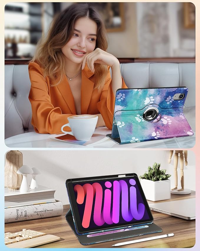 Kidcube for iPad Mini 7 Case A17 Pro 2024, for iPad Mini 6th Generation Case 8.3 Inch - Women Girls Cute Rotating Stand Folio Cover with Pencil Holder & Card Slot Kawaii Cartoon Cool Dogs Design Cover