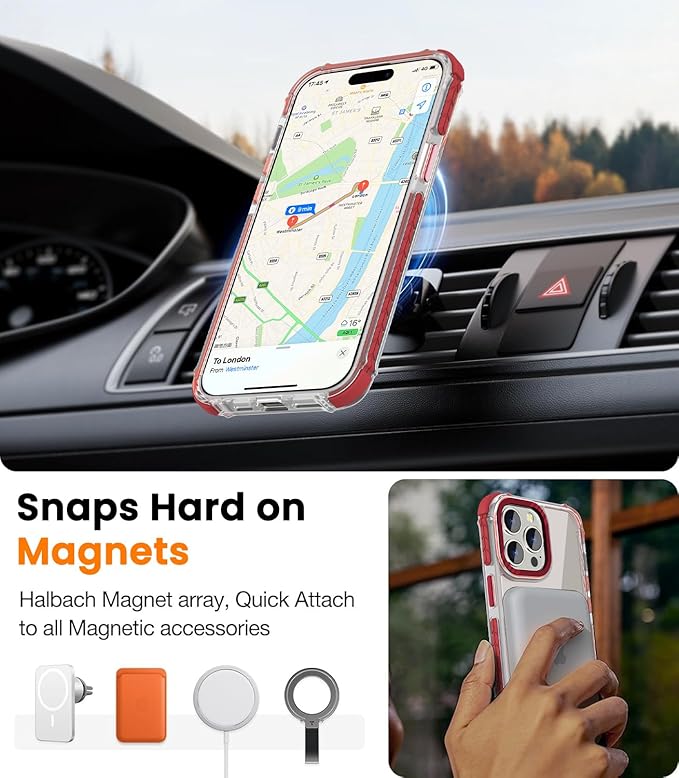 DEERLAMN Strong Magnetic Case for iPhone 15 Pro 6.1-Inch,[Compatible with Magsafe] Clear Slim Shockproof Protective Phone Cover for Women Men-Transparent+Red