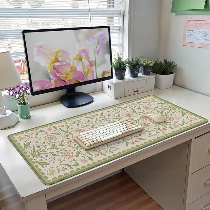 HAOCOO Sage Green Iris Flower Desk Pad Mat, Non-Slip XXL Mouse Pad with Stitched Edges, Cute Floral Computer Mat, Elegant Desk Decor for Home, School, Office Accessories