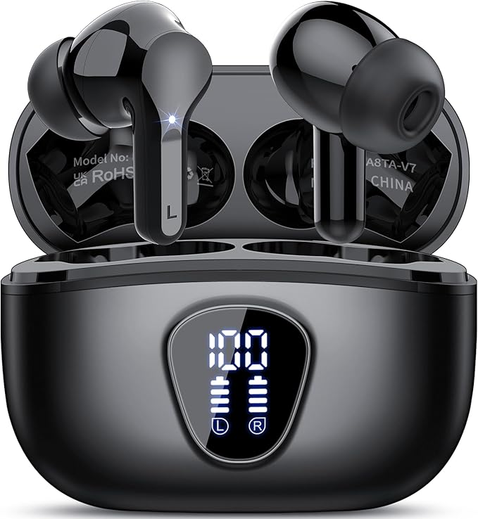 Wireless Earbuds, Bluetooth 5.4 Headphones HiFi Stereo, Bluetooth Earbuds with ENC Noise Cancelling Mic, IP7 Waterproof in Ear Earphones, 48H, LED Display Ear buds for Pad Phones Workout Sports, Black