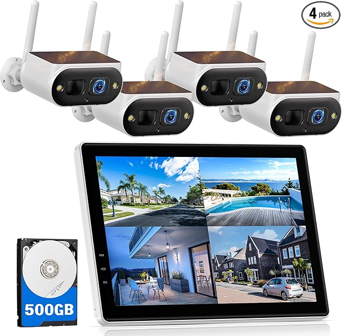 Camcamp Solar Security Cameras Wireless Outdoor, Quick Installation, No Subscription Cameras for Home Security Camera System, 10CH Expandable, 2.4 & 5GHz, 4 Cameras with Monitor