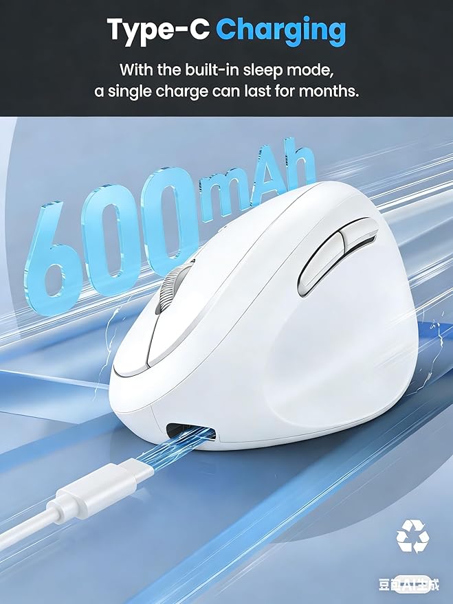 Ergonomic Mouse, Bluetooth Wireless Vertical Mouse, Rechargeable Battery, Quiet Clicks, DPI Adjustable, BT5.0/3.0 & 2.4G Connect, Easy to use, Wide Compatibility (White)