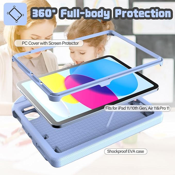 YIHE Kids Case for iPad (A16) 11th Generation 11 Inch 2025 & iPad 10th Generation 10.9 inch 2022, with Built-in Screen Protector and Stable Stand, Full Body Shockproof Protective Cover - Light Blue