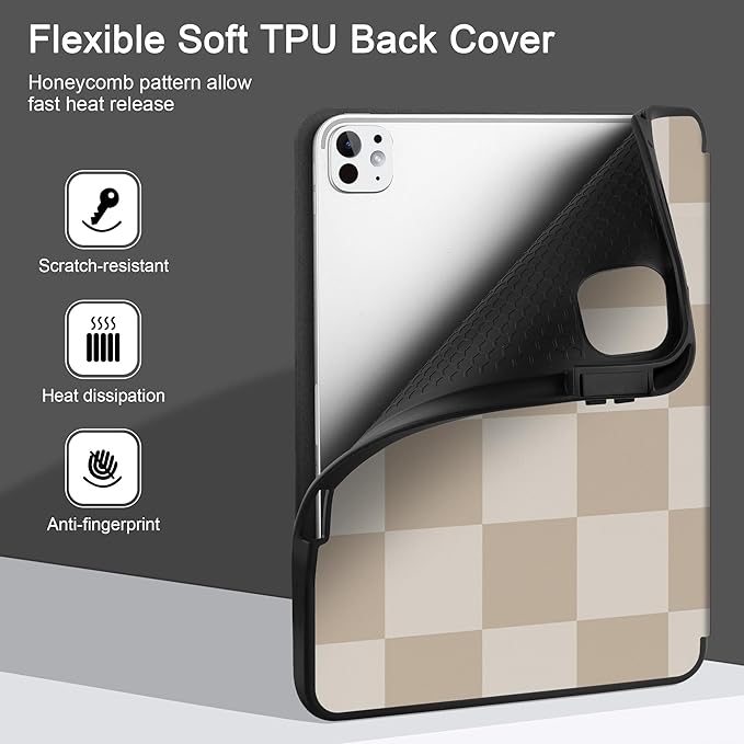 DONGKE Case for iPad Pro 11 inch (M5 2025 / M4 2024, 6th & 5th Generation) – [Built-in Pencil Holder] Ultra Slim PU Leather Trifold Stand Cover with Soft TPU Back, Auto Wake/Sleep, Chessboard