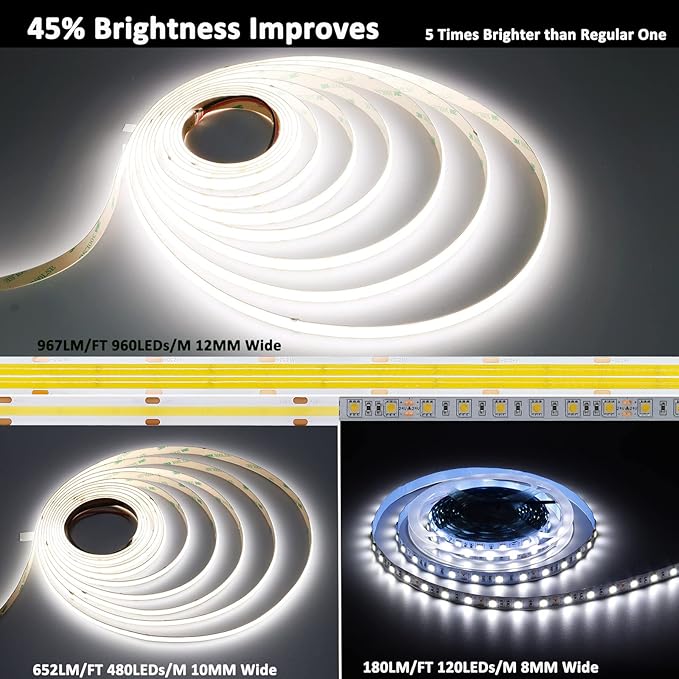 JOYLIT 24V COB LED Strip Lights 5000K Daylight White Dual Row 16.4ft 1006LM/FT Ultra Bright CRI 95+, UL Listed PRO 7.6W/FT 960LEDs/M High Density 12MM Wide Adhesive Tape Light Task Lighting