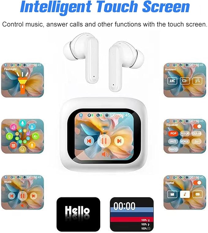 Active Noise Cancelling Smart Touch Screen Earbuds ANC Earphones Wireless Blue Tooth Ear Buds Head Phones Bluetooth In-Ear Headphones TWS True Wireless Earbuds for iPhone Android with Mic Touchscreen