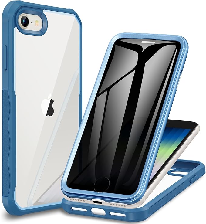 CENHUFO Privacy Case for iPhone SE 2022 3rd / iPhone SE 2020 2nd / iPhone 8/7, Full Body Phone Cover with Built-in 9H Tempered Glass Privacy Screen Protector, Anti Peep Shockproof Bumper - Blue