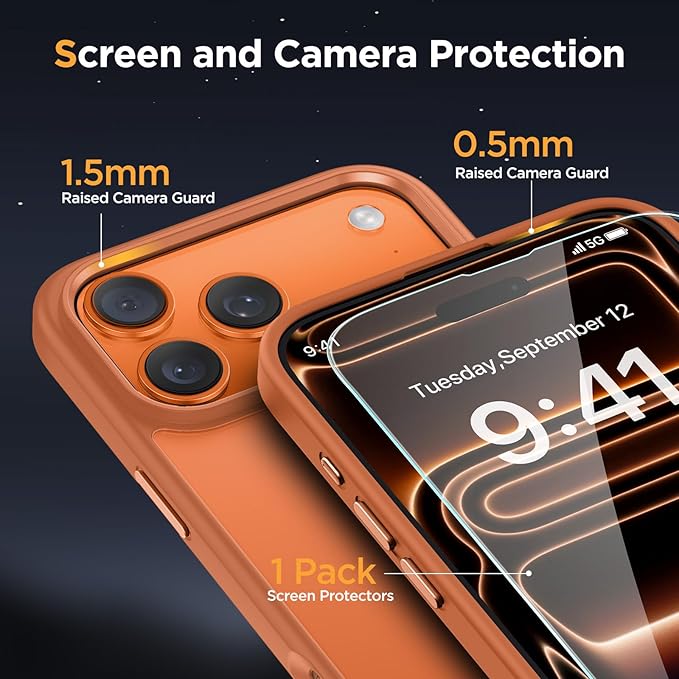 Miracase Magnetic for iPhone 17 Pro Case 6.3" with Screen Protector, [Compatible with MagSafe] Military-Grade Protection, Anti-Fingerprint, Slim Thin Phone Case for 17 Pro Cover, Orange