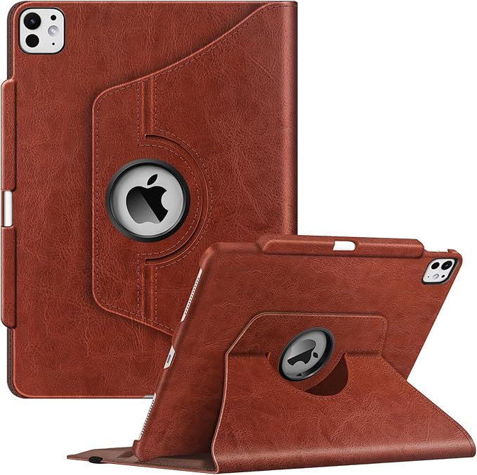 Fintie Rotating Case for iPad Pro 13-inch (M5) 2025 / (M4) 2024 with Pencil Holder - 360 Degree Swiveling Protective Stand Cover with Auto Wake/Sleep, Brown
