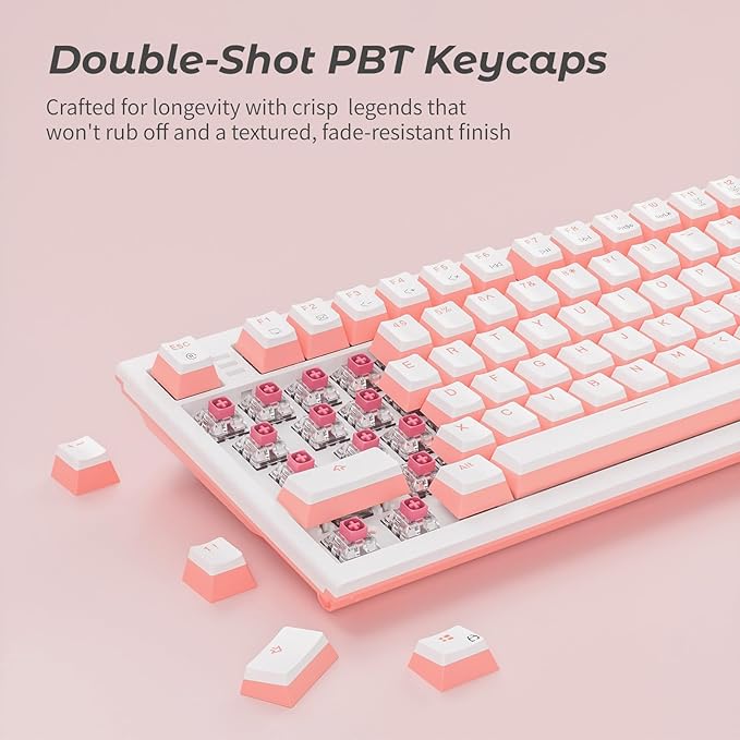 Hexgears X4 Wireless Mechanica Keyboard, 99-Key Linear Switch White Backlit Gaming Keyboard - NKRO 2.4G/USB-C with Wrist Rest, Pudding Keycaps-White/Pink
