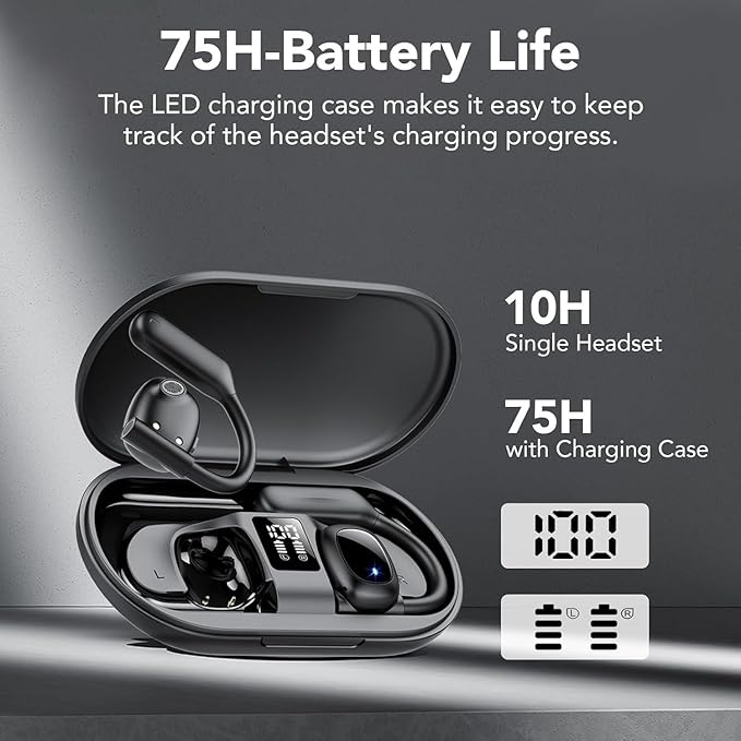 Open Ear Bluetooth 5.3 Earbuds,Wireless Headphones Sport Over Earphones Built-in 4 Mic with Ear Hooks 75H Playtime,Bluetooth Ear Buds with LED Digital Display,IPX5 Waterproof for Running Fitness/Black