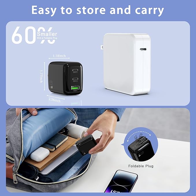 67W USB C Wall Charger, 3-Port GaN Fast Charger Block,Replacement for MacBook Pro/Air, iPad, iPhone 15/14/Pro, Galaxy, Pixel, Apple Watch and More