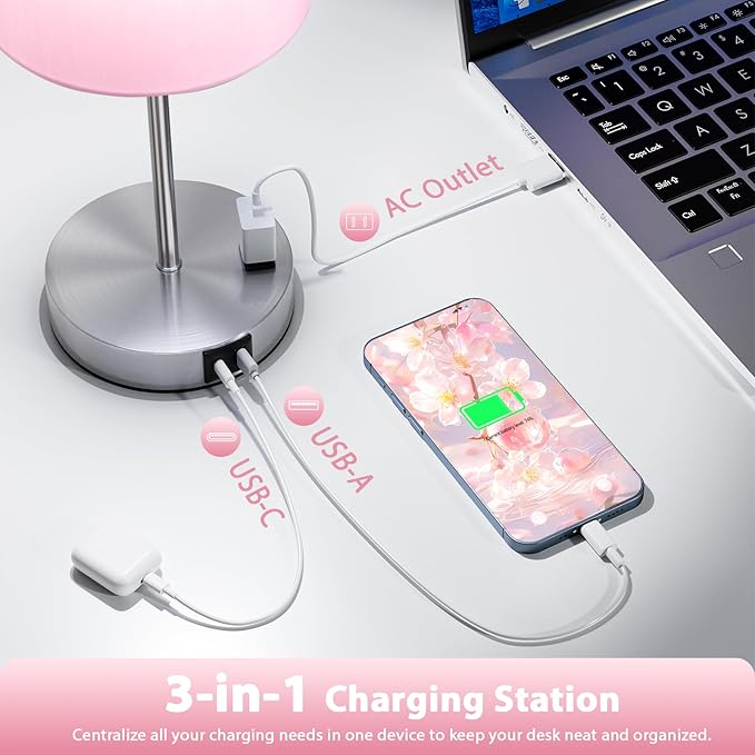 Pink Touch Lamps for Nightstand Set of 2 - Bedside Table Lamp for Bedroom with Dual USB Ports & AC Outlet, 3-Way Dimmable Lamps for Living Room Boys Room, Night Light with 5000K Daylight Bulbs