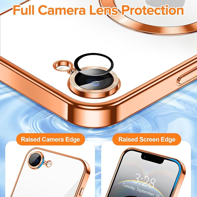 Hython Magnetic Clear for iPhone 16e Case with Camera Lens Protector [Compatible with MagSafe] Luxury Plating Edge Slim Soft TPU Cover Protective Phone Case for iPhone 16e 6.1", Orange